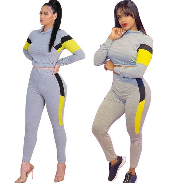 

women's casual two piece set autumn patchwork 2 pieces lounge sportwear clothing cotton crop and pants, Gray