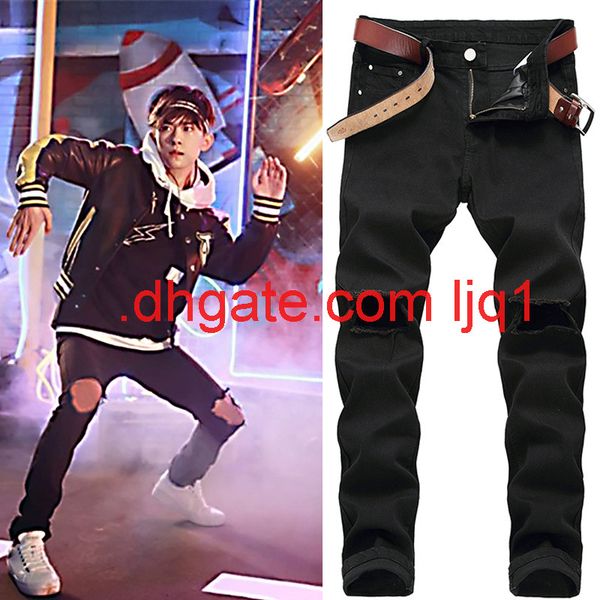 

high street knee pierced leggings trend slim jeans black wu yifan same pants boys beggars pants, Blue