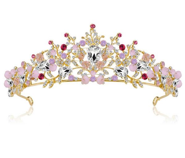 Moda Pembe Kristaller Tiaras Gelin Taç Başlığı Saç Takı Barok Tarzı El Yapımı Lüks Tatlı Taçlar Prenses Düğün Aksesuarları