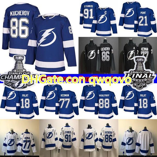 

tampa bay lightning 2020 stanley cup champions 91 steven stamkos 86 nikita kucherov 77 victor hedman 21 brayden point hockey jerseys, Black;red