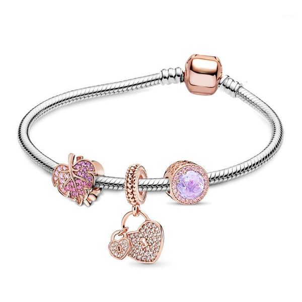 

seialoy rose gold leaves charm bracelets for women original heart crystal pendant beaded diy girls boy kids bracelet & bangle1, Golden;silver