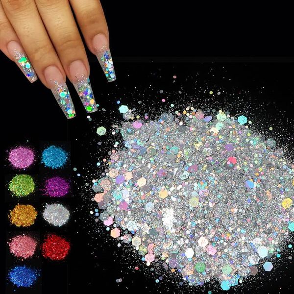 50g/bag Mixed Nail Chunky Glitter Sequins Holographic Hexagon Shape Sparkly Nail Art Flakes 3D Decor Gel Polish Accossories