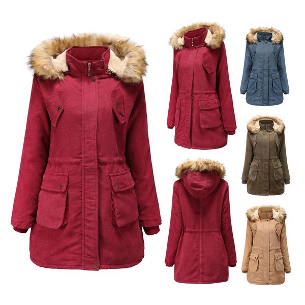 

new style ladies coat, woolen corduroy coat, fur collar hat, plus velvet winter 100% cotton red coat, thick warm jacket down jacket, Black
