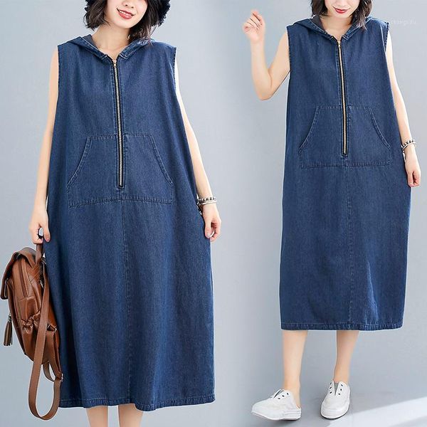 

new summer women dresses plus size casual loose hooded pockets solid sleeveless jeans vest dress for females denim one-piece1, Black;gray