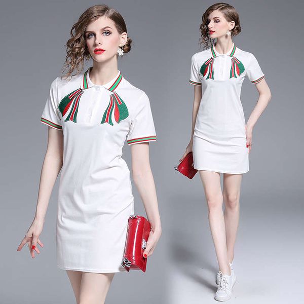 

summer 2019 new casual style embroidered bow polo neck slim dress, Black;gray