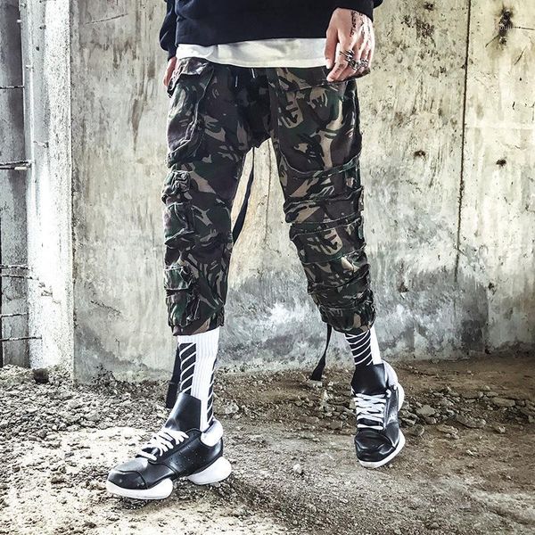 

mens camouflage ribbons multi pockets patchwork pants hip hop harem pants men casual streetwear slim trousers joggers sweatpants1, Black