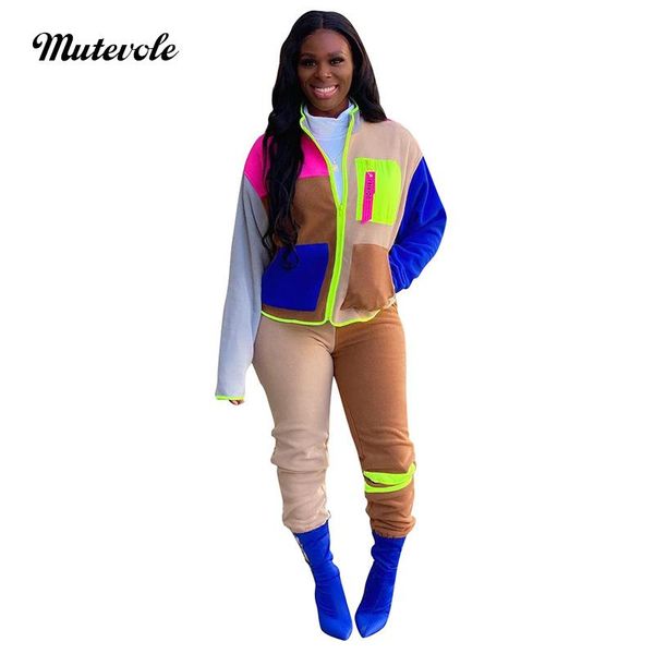 

women's tracksuits mutevole women fashion color patchwork casual two piece set long sleeve and pants zipper pocket jacket 2 tracksuit, Gray