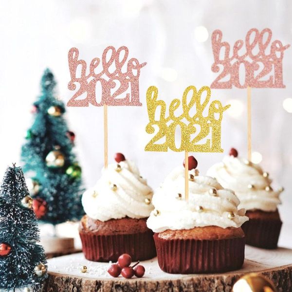 

12pcs hello 2021 new year decor cake er gold glitter paper cupcake er christmas xmas party cake baking decor supplies