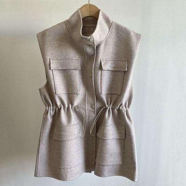 

women's vests 2021 spring autumn ladies' original color cashmere double-sided patch pocket vest, Black;white