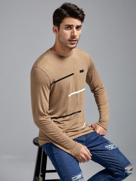 

men striped print patched detail tee 62du#, White;black