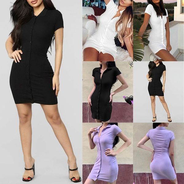 

summer button skinny skinny short sleeve solid color fashion nightclub casual slim dress1, Black;gray