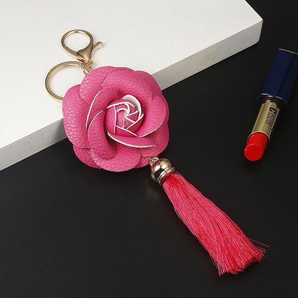 

new arrival camellia leather flower with tassel key chain golden fashion key ring women bag pendant car keychain eh883 h wmtmse, Slivery;golden