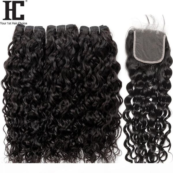 

brazilian water wave with closure 3 bundle unprocessed virgin hair with closure wet and wavy virgin brazilian hair with closure, Black