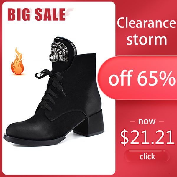 

wetkiss clearance ankle boot female crystal lace up round toe booties platform chunky heel warm fur lining winter boots, Black
