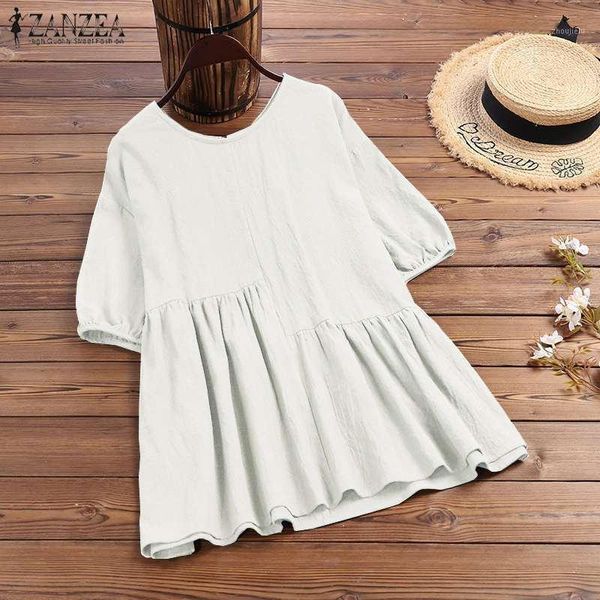 

zanzea summer women's stiching blouse 2020 fashion casual solid blusas female cotton tunic short sleeve shirts plus size1, White