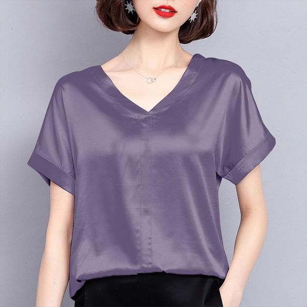 

new summer women silk casual solid women blouses shirts v neck plus size women elegant female clothing 0420 40, White