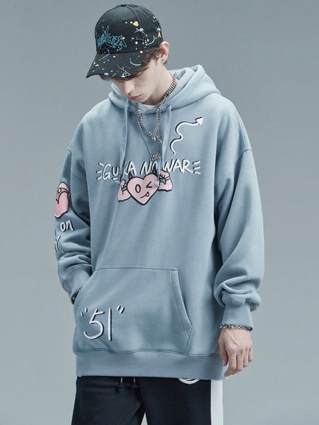 

men letter & cartoon graphic kangaroo pocket drawstring hoodie d7pi#, Black