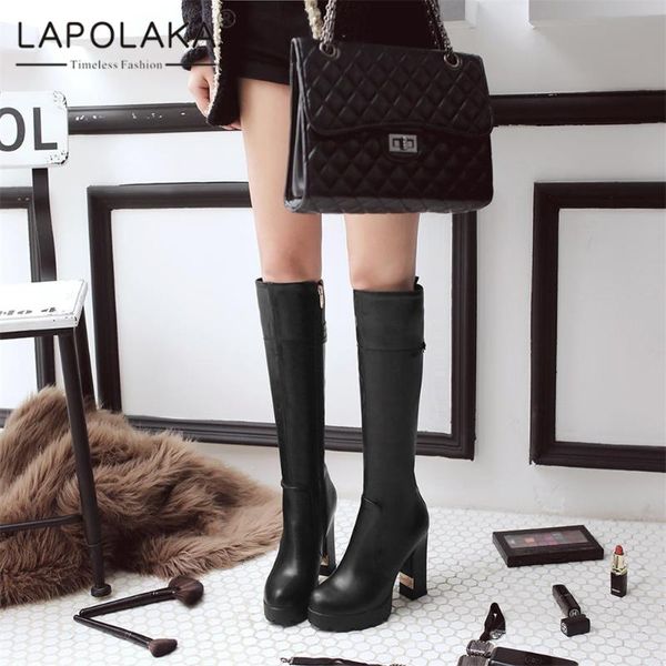 

lapolaka 2021 new arrivals non slip platform super high heels zipper knee high boots woman quality comfy warm ladies shoes, Black