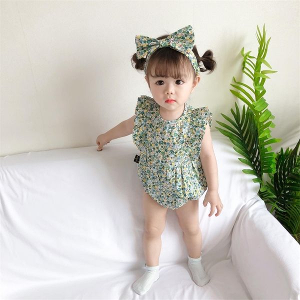 

2020 new newborn baby clothes summer floral lovely cotton toddler rompers green girls princess infant outfits with bow headband t200706, Blue