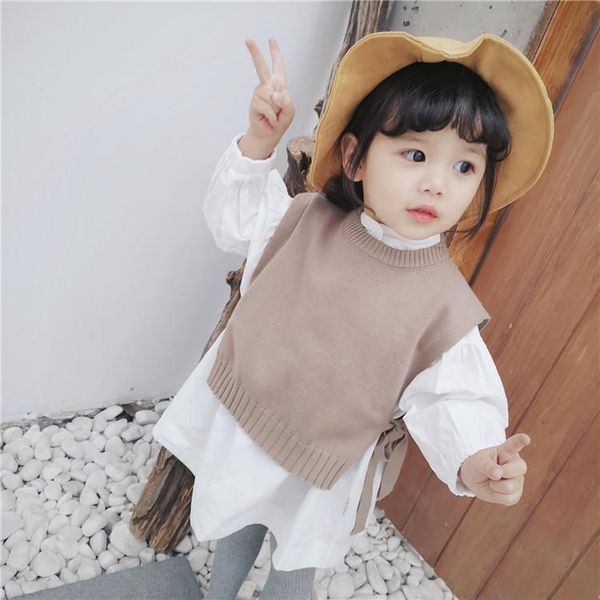 

clothing sets baby vest girls korean round neck knitted wool thin children's pullover toddler girl clothes, White