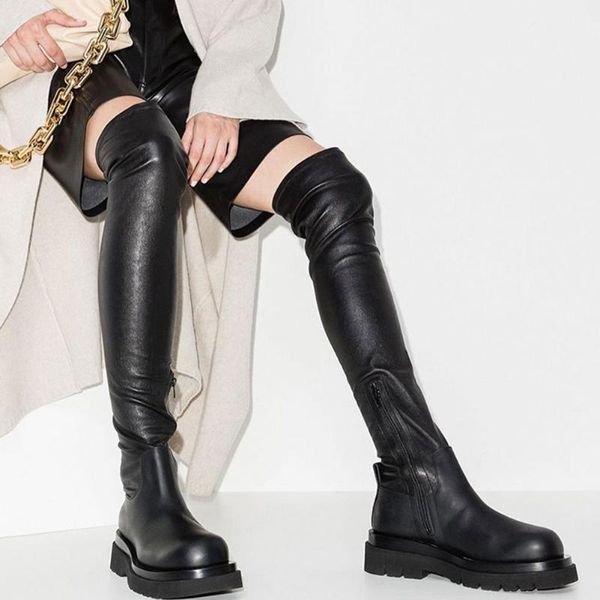 Stiefel große Größe 43 weibliche Oberschenkel hoch über dem Knie Frauen Plattformschuhe dicker Boden runde Zehe Reißverschluss Damen schwarz1