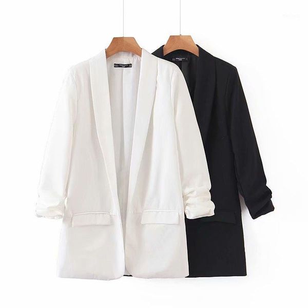 

2020 new autumn korean style women blazer cardigan suit collar long sleeve solid coat long outwear loose office blazers femme1, White;black