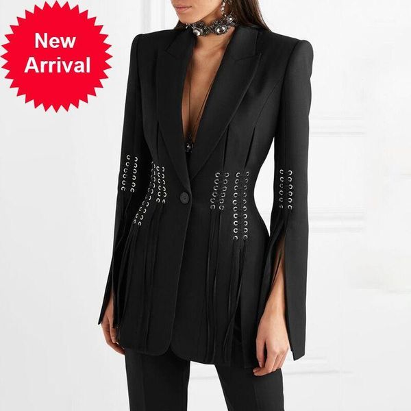 

runway chic winter 2019 designer jacket women single button lacing up rope split blazer black jacket clothes luxury fashion coat1, White;black