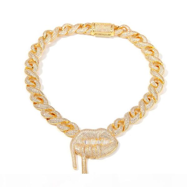 

gold silver color iced out bling cz llips pendant necklace with cz cuban chain for men women punk jewelry
