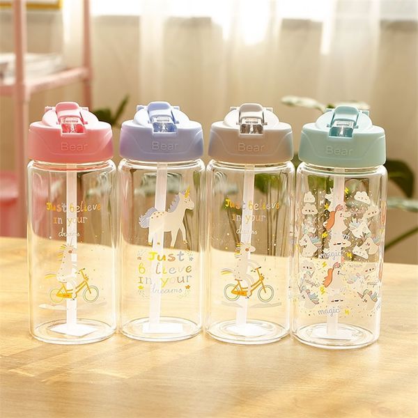 Einhorn-Wasserflasche aus Glas für Kinder mit Strohhalm und Klappdeckel, auslaufsichere Reisetrinkflasche für Mädchen, BPA-frei, 300 ml, 400 ml 201221