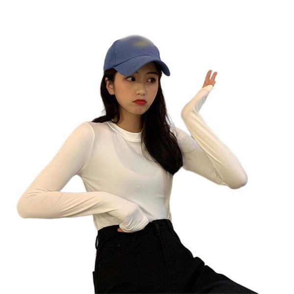 

autumn thin t-shirt women elasticity t-shirt korean style woman clothes 2020 slim female casual long sleeve, White