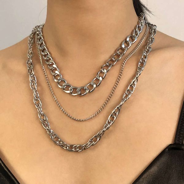 

multi-layer punk hip style hop necklace popular women's accessories exaggerated metal thick chain neck chain ve0w6g1e, Silver
