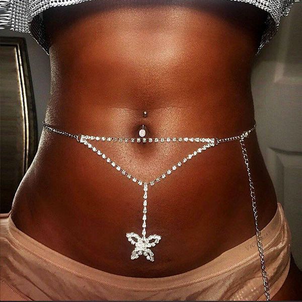 

silver body jewelry crystal rhinestone butterfly belly chain beach bikini waist chain lower back butterfly body chain