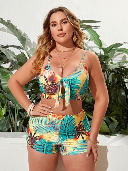 

plus tropical print knot front high waisted bikini swimsuit o2xm#, Black