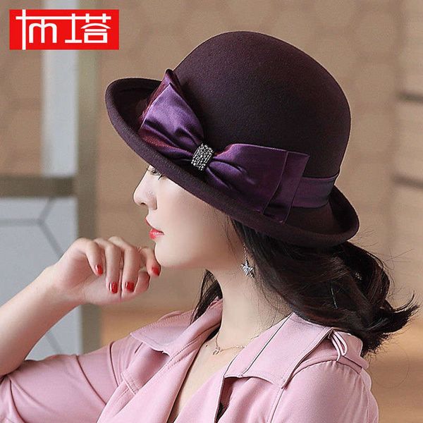 

buta autumn winter woman retro british curled elegant bow woolen fisherman's basin hat