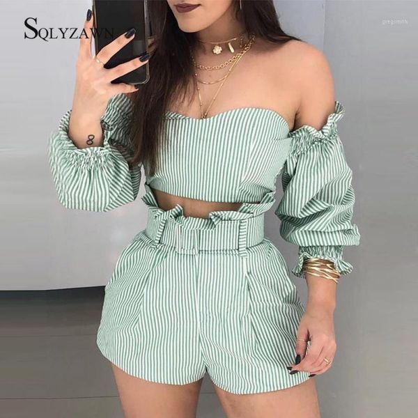 

slash neck striped ruffles 2 piece set women clothes off shoulder backless long sleeve crop shorts female matching sets1, White