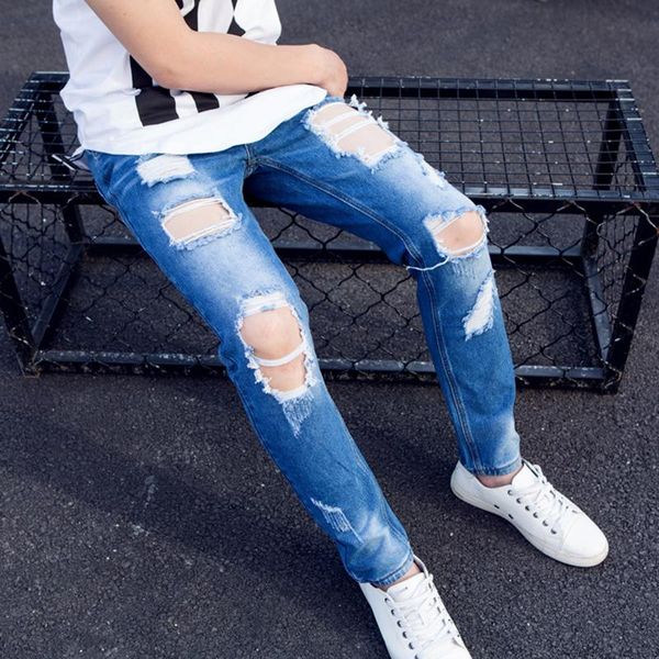 

men's jeans european and american summer hole nine minute pants skinny leg small slim trend, Blue