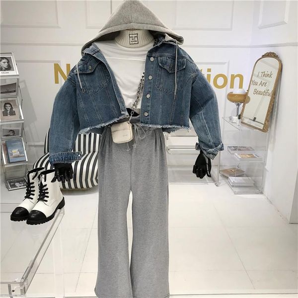 

cowboy jacket women's autumn 2020 new long sleeve loose korean short detachable hooded jacket, Black;brown