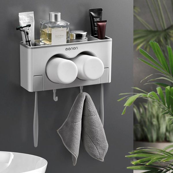 

magnetic adsorption toothbrush holder inverted cup wall mount bathroom cleanser storage rack bathroom accessories set