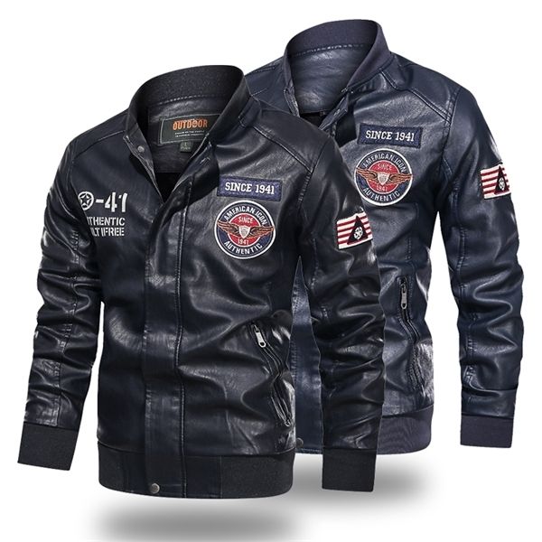 Leder Männer Baseball Gestickte Pu Mäntel männer Faux Bomber Pilot Fleece Mann Stehen Kragen Biker Jacke Mantel C1120