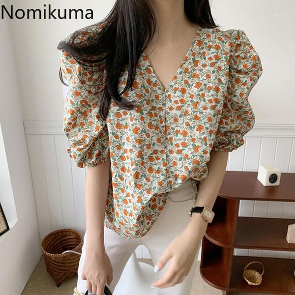 

nomikuma floral printed vintage shirts v neck puff sleeve casual loose blouse women korean fashion retro blusas mujer 3b8991, White