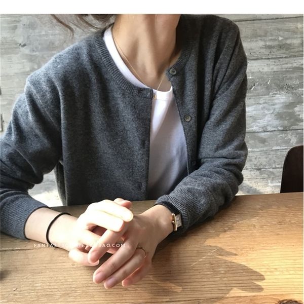 

women cardigan cashmere cropped sweater jacket brown o-neck gray vintage knitted single breasted soft knitwear y200915, White;black