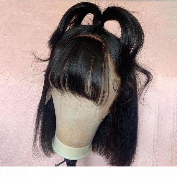 

4x4 short bob wig lace front human hair wigs remy brazilian hair 2x6 lace closure wig fringe wig with bangs 150% density, Black;brown