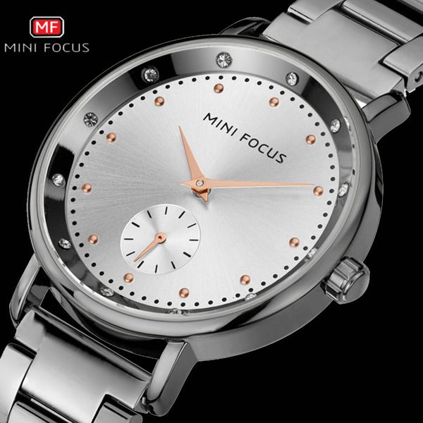 

minifocus 2018 women watches brand luxury quartz clock silver stainless steel strap rhinestone elegant ladies wristwatch+box, Slivery;brown