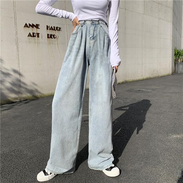 

women's jeans light color high-waisted wide-leg style casual loose-fitting slim thin straight pants easy paired sweet, Blue