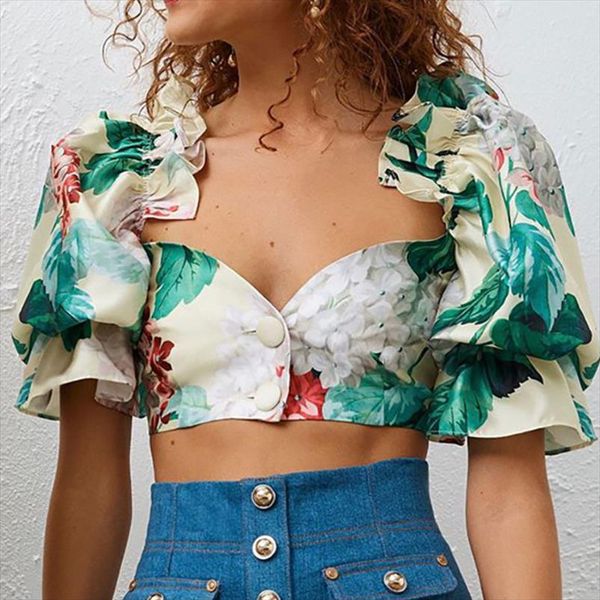 

2020 new summer fashion casual patchwork print puff sleeve chest wrapped navel slim short women sd637, White