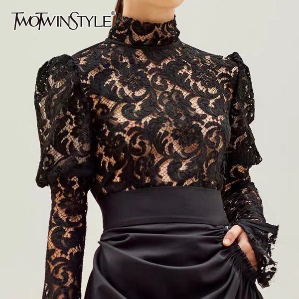 

casual lace print women's blouse turtleneck puff long sleeve slim ruched shirt female 2020 fashion clothing tide t200321, White
