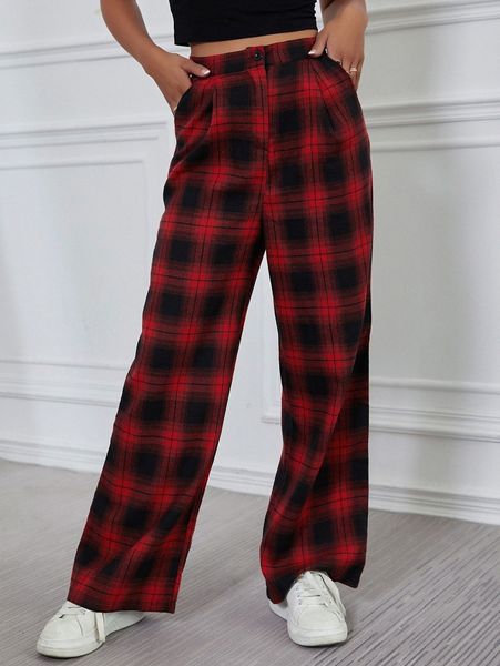 

tartan wide leg pants 06zo#, Black;white