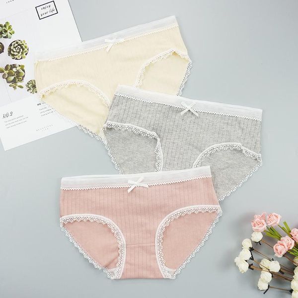 

lady briefs cotton underwear women cute panties underpants mid-rise lingerie femme bow knickers fashion solid color ruffels, Black;pink