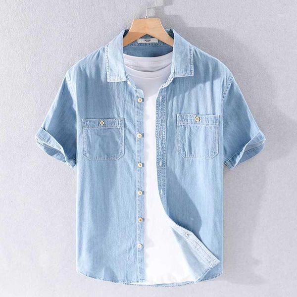 

men's casual shirts 2021 summer short-sleeved denim shirt men simple trendy blue for brand pure cotton mens chemise camisa1, White;black