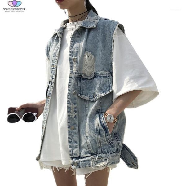 

2018 new summer women denim vest vintage ripped hole sleeveless denim waistcoat coat loose jeans vest jacket tnlnzhyn e5681, Black;white
